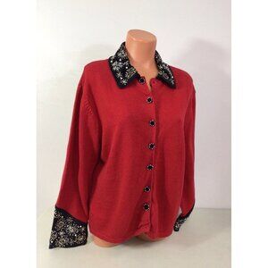 Tiara Red Cardigan Beaded Velvet Collar Sweater Womens XL